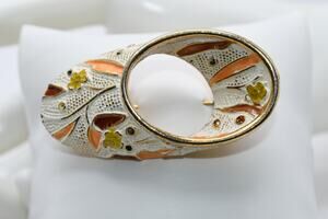 Vintage BSK Enamel Brooch White Orange Brown Gold Rhinestone 1950s